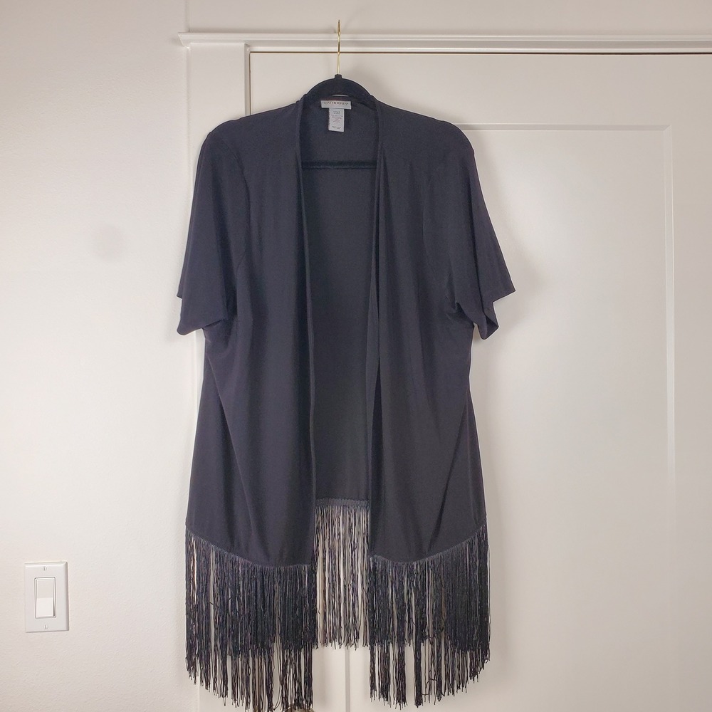 Catherines Fringe Cardigan Womens 1XWP Black Short Sleeve Open Front Topper